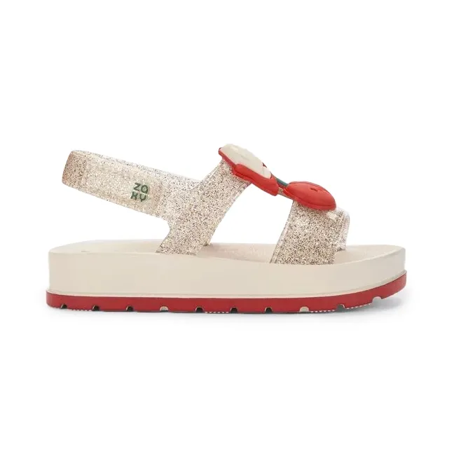 Sandália infantil feminina Grendene Kids Zaxynina Cherry off white claro com glitter dourado e aplicação de cerejas vermelhas com laço branco e vermelho